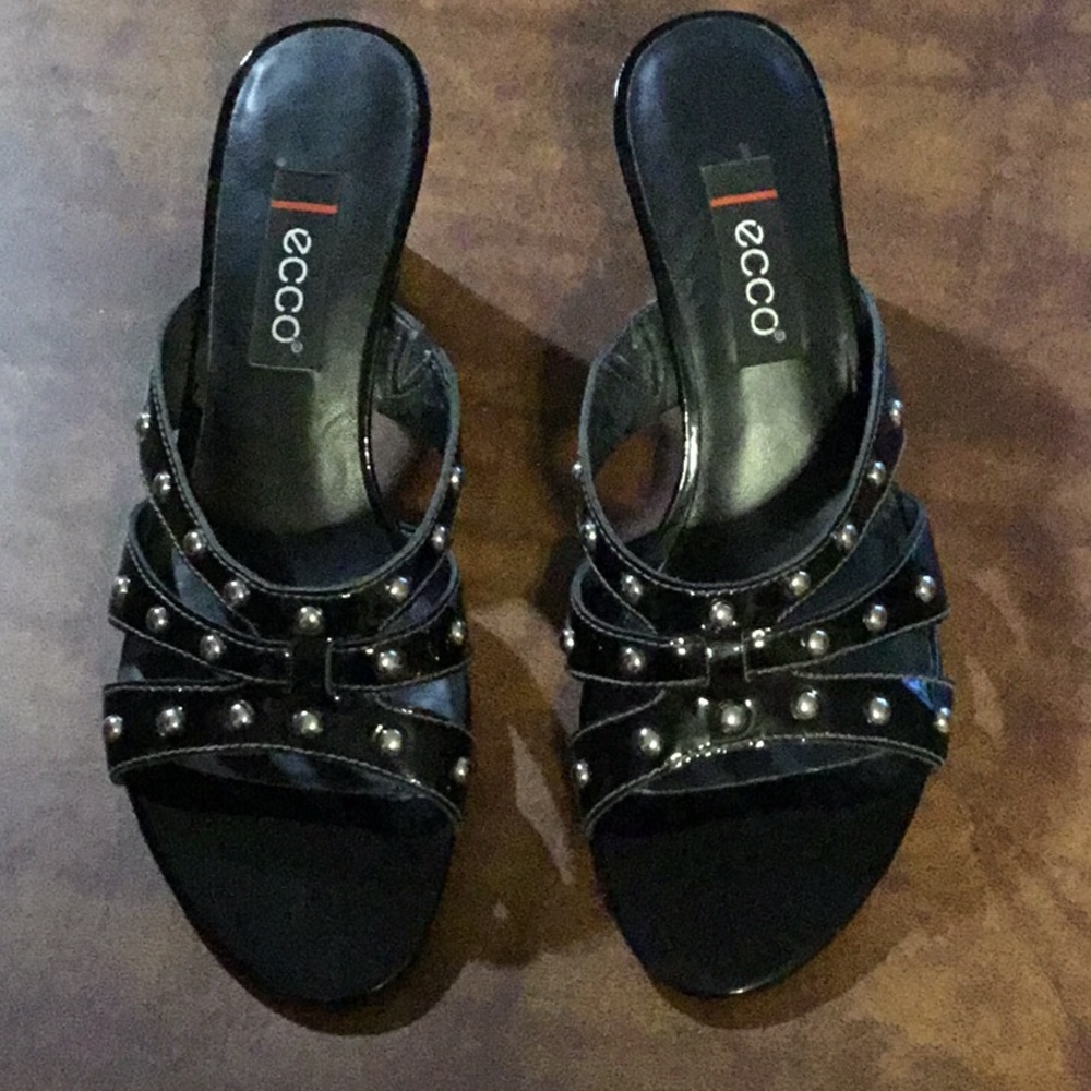 ECCO Black Patent‎ Leather Silver Stud Mules Edgy Grunge Y2K Size 37 - Picture 6 of 16